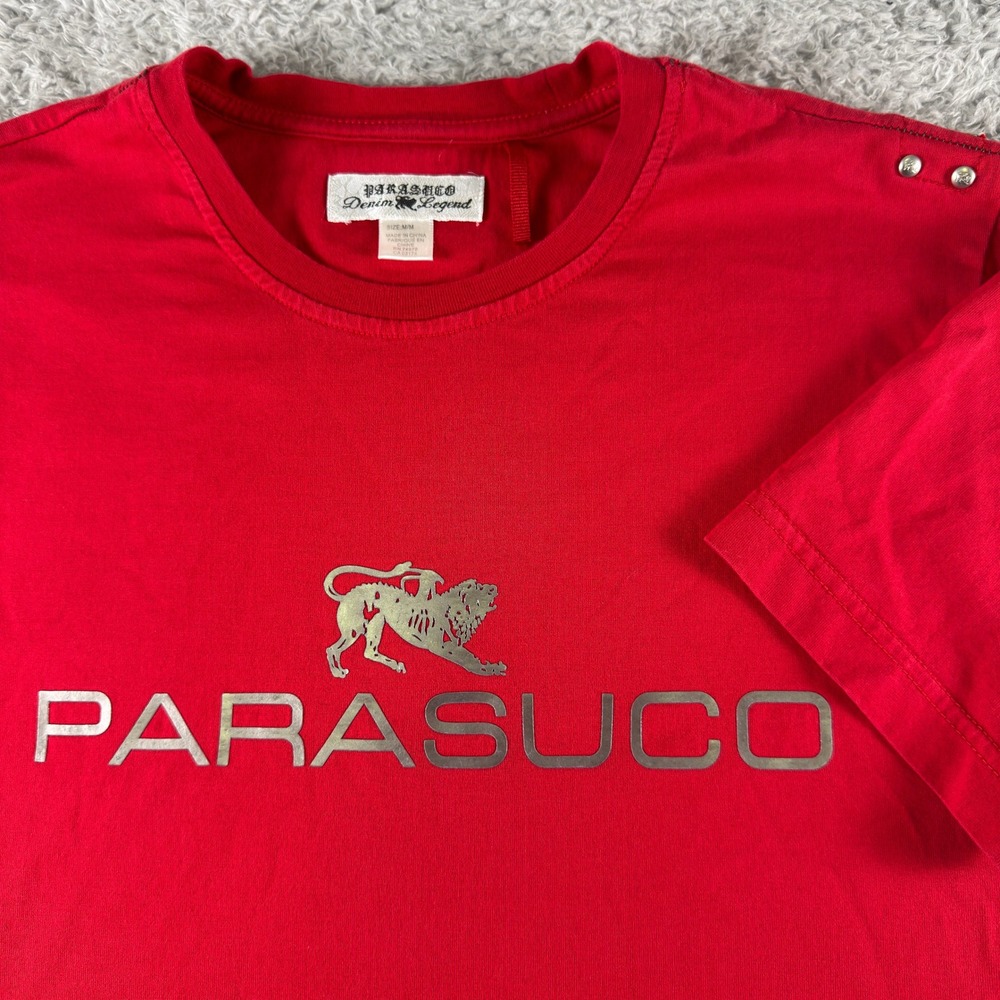 Parasuco Denim Legend‎ Mens Red Graphic T-Shirt Silver Lion Logo Studded Size M